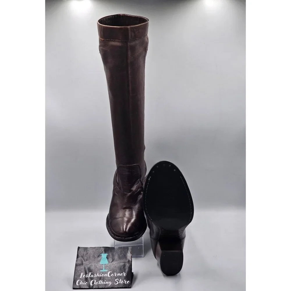 Frye Women's Brown Leather Rory Scrunch Knee-High Heeled Boots Size 7 3242 - Picture 3 of 16